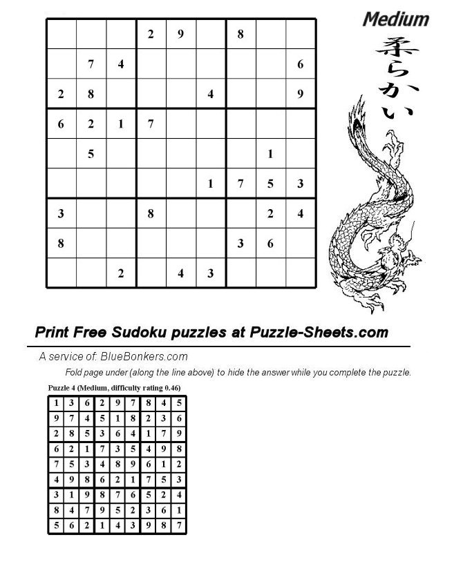 Bluebonkers : Free Printable Daily Sudoku Puzzle MEDIUM Day 004