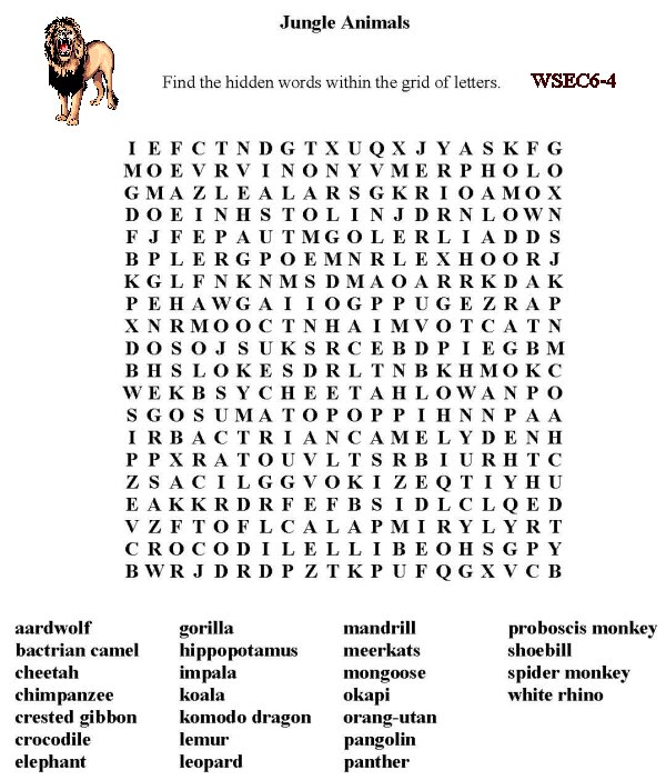 Bluebonkers Free Printable Word Search Sheet Jungle Animals