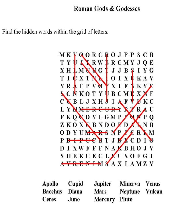 Bluebonkers Free Printable Word Search Sheet Roman Gods answers 